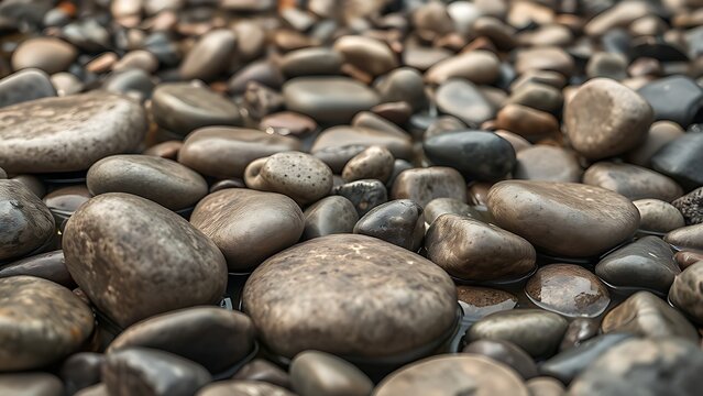 osmium. Smooth, rounded river stones resting on a riverbed, polished by water, with soft aquatic lighting. travel magazines, destination branding, designed for outdoor magazines and nature guides.