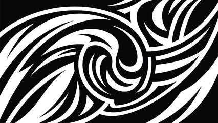 Fototapeta premium Modern black and white abstract tribal wave pattern with fluid flowing curves for creative backgrounds and art.
