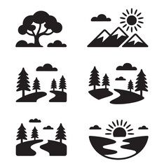 Obraz premium Vector icons of natural landscapes including trees, mountains, rivers, and sun.