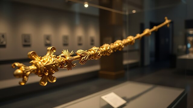 glaive. A ceremonial gilded glaive with carved shaft displayed in a museum. event programs, museum guides, designed for cultural heritage projects and event programs, preserves heritage.