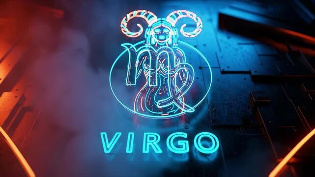 Neon glowing Virgo zodiac sign symbol with text on abstract background. Futuristic astrology concept for horoscope and personal prediction design.
