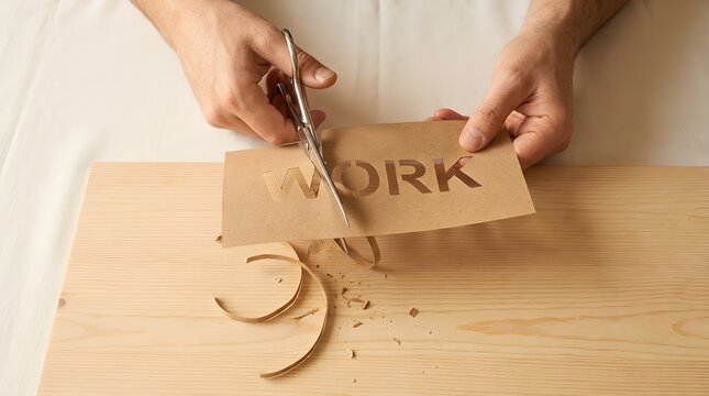 Hands using scissors to cut the word WORK printed on paper, conceptualizing a reduction in workload, job change, or life balance.