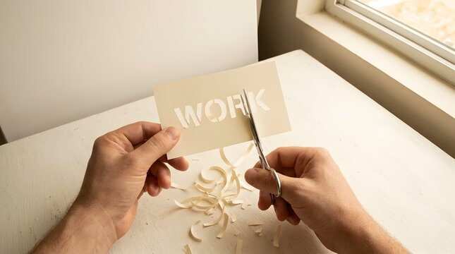 Hands using scissors to cut the word WORK printed on paper, conceptualizing a reduction in workload, job change, or life balance.