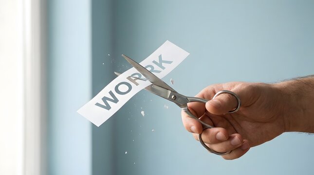 Hands using scissors to cut the word WORK printed on paper, conceptualizing a reduction in workload, job change, or life balance.