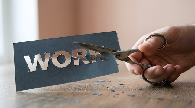 Hands using scissors to cut the word WORK printed on paper, conceptualizing a reduction in workload, job change, or life balance.