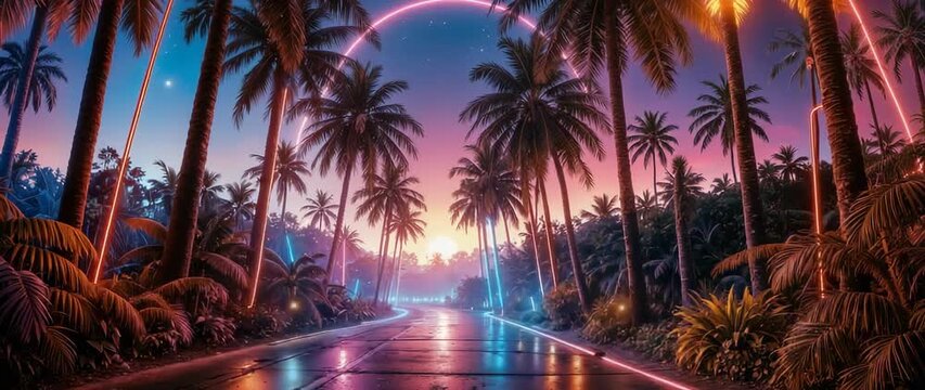 Tropical Cyberpunk Aesthetic Concept Palm Trees Along Road At Sunset With Neon Lights Synthwave Style B Roll.