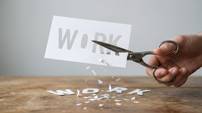Hands using scissors to cut the word WORK printed on paper, conceptualizing a reduction in workload, job change, or life balance.