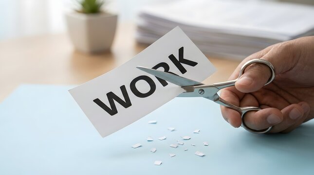 Hands using scissors to cut the word WORK printed on paper, conceptualizing a reduction in workload, job change, or life balance.