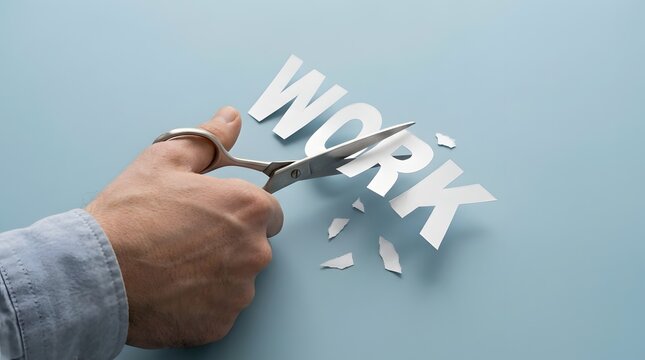 Hands using scissors to cut the word WORK printed on paper, conceptualizing a reduction in workload, job change, or life balance.