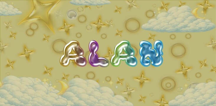 Alan Name Typography. Funny Childish Glossy 3D Balloon Text in Metallic Colors. Cute Kids Name Design. Dreamy illustration.