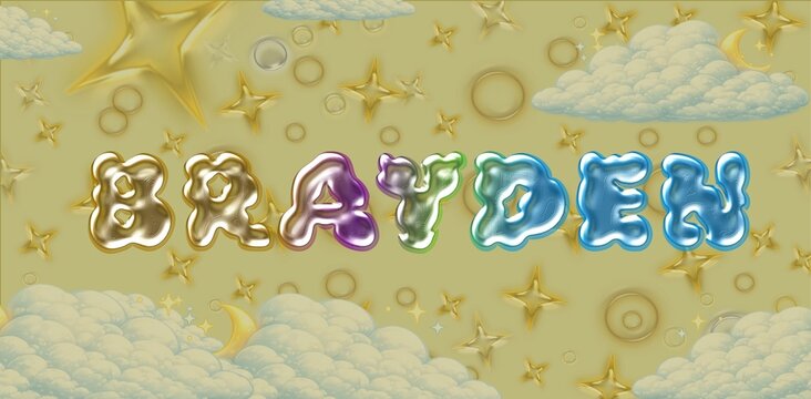 Brayden Name Typography. Funny Childish Glossy 3D Balloon Text in Metallic Colors. Cute Kids Name Design. Dreamy illustration.