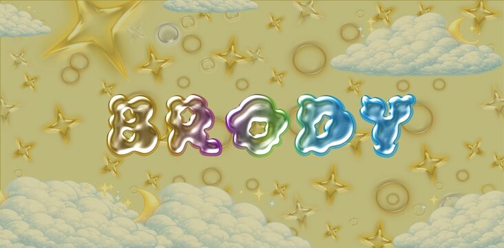 Brody Name Typography. Funny Childish Glossy 3D Balloon Text in Metallic Colors. Cute Kids Name Design. Dreamy illustration.
