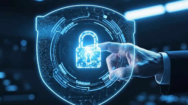 A hand gently interacting with a glowing digital data shield, symbolizing advanced technology and cybersecurity
