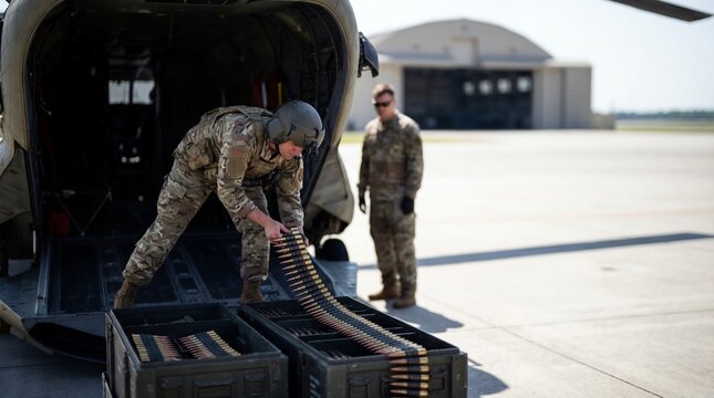 Military soldier loading ammunition belt into crates near a transport helicopter on an airfield, army personnel preparing for mission and logistics on a sunny runway