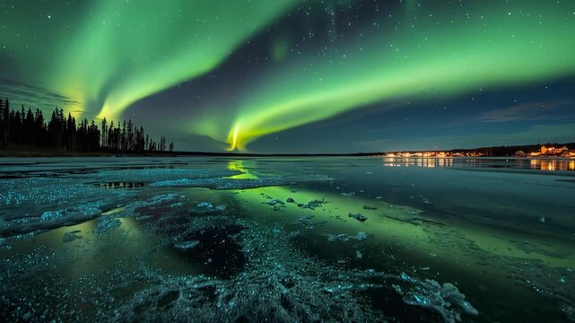 無風の凍湖にオーロラが映る極夜の静けさと光の舞