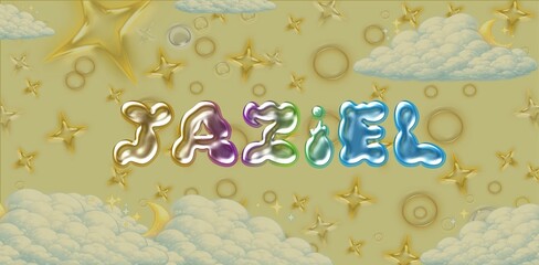 Fototapeta premium Jaziel Name Typography. Funny Childish Glossy 3D Balloon Text in Metallic Colors. Cute Kids Name Design. Dreamy illustration.