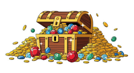 Treasure Chest Overflowing with Gold Coins and Sparkling Gemstones © rokok