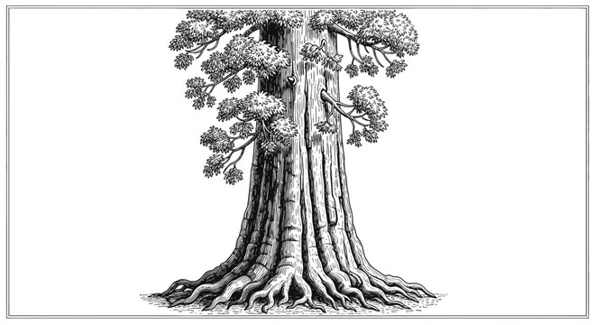 Giant Sequoia Tree Illustration - Vintage Botanical Engraving Style