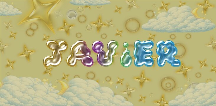 Javier Name Typography. Funny Childish Glossy 3D Balloon Text in Metallic Colors. Cute Kids Name Design. Dreamy illustration.