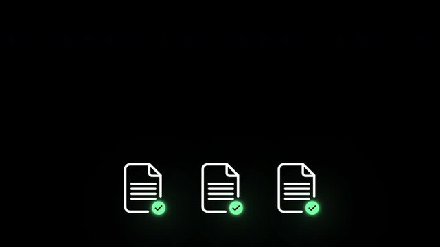 Checklist icon above verified documents on dark background. Approval process with completed files and validation marks. Digital verification and workflow confirmation concept.