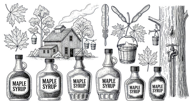 Maple Syrup Production: Vintage Illustration of Sugar Shack, Trees, Barrels, and Bottles