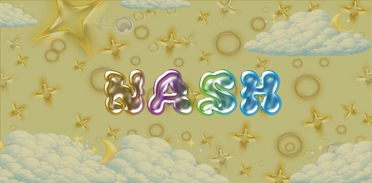 Nash Name Typography. Funny Childish Glossy 3D Balloon Text in Metallic Colors. Cute Kids Name Design. Dreamy illustration.