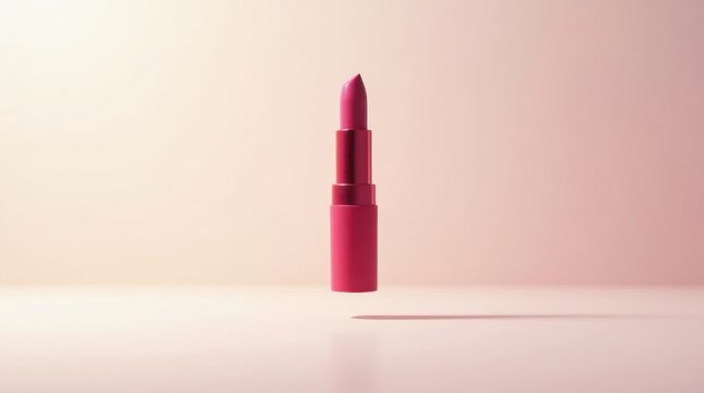Barra de pintalabios suspendida en el aire sobre fondo rosado