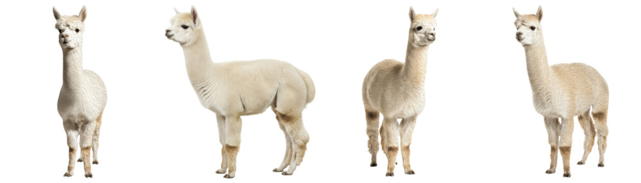 A delightful collection of four charming alpacas, captured in various natural poses, showcasing their soft.