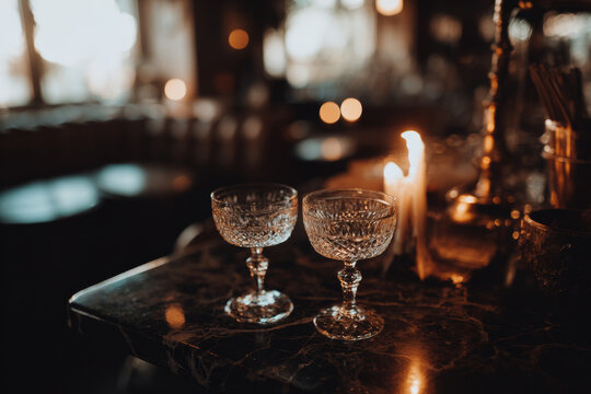 Neo deco cocktail bar scene with two crystal coupe glasses on marble counter for moody intimate bar background and hospitality design