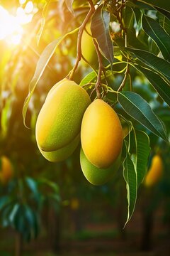 Tropical Paradise Ripe Mangoes Hanging on Lush Green Trees Under Bright Sunlight, A Sweet Delight