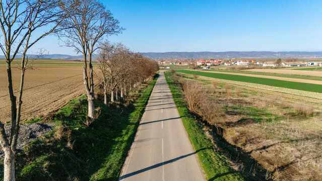 Aerial view of a straight road flanked by bare trees and fields, leading to a village under a clear blue sky, Mandelos, Vojvodina, Serbia.