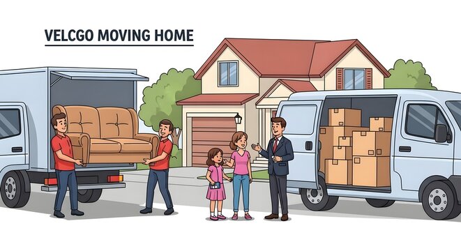 Family moving home with professional movers loading and unloading furniture and boxes into blue and white trucks
