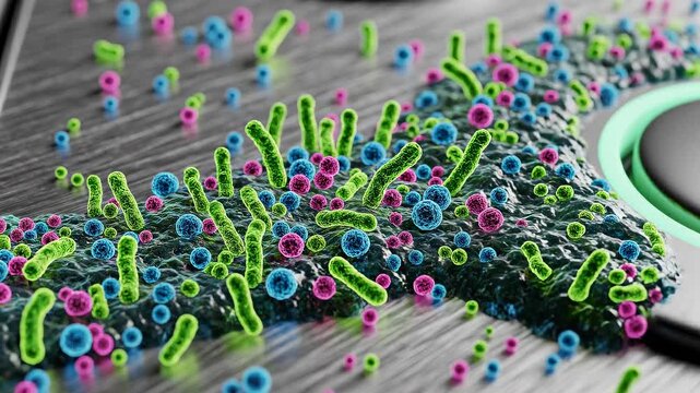Close-up view of microorganisms multiplying on a textured dark panel, showcasing shimmering colors and intricate detailing on the surface