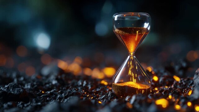 Glass hourglass filled with amber sand sits alone. Dark gravel surrounds it, glowing softly. Soft bokeh lights add depth and warmth. No people or animals appear in the scene. Ideal for time, change