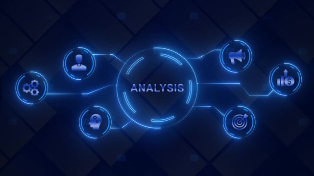 Business Analysis Infographic with Glowing Blue and Symbols glowing blue data analysis strategy