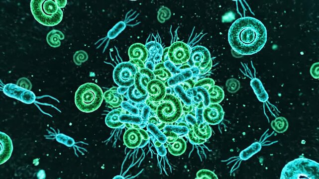 Microscopic view of spiral bacteria floating in water, showcasing vibrant green and blue colors against a dark background