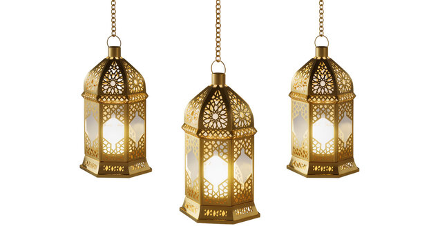 Isolated group of ornate golden Arabic lanterns radiating warm light, traditional festive decor