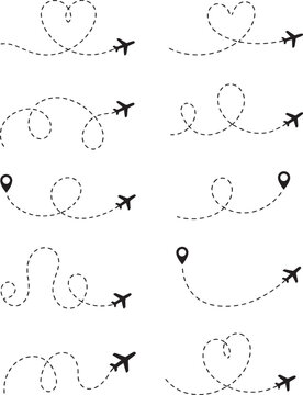 Flight path designs with airplanes on white background