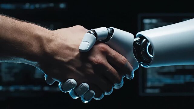 Human hand shaking hands with a futuristic robot arm in a dark high tech laboratory with digital screens and computer code on the background