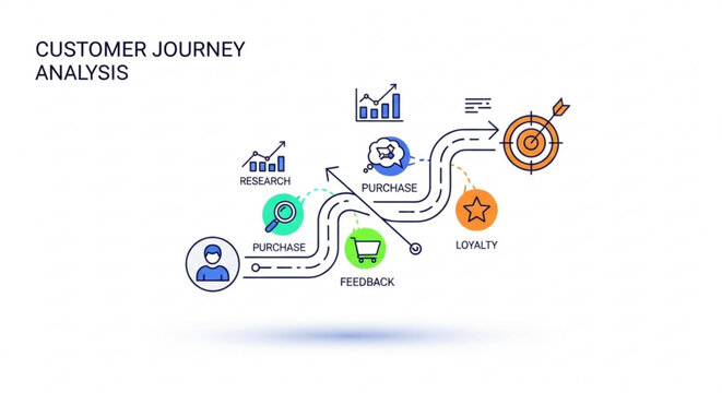 Customer journey analysis flowchart with icons and arrows on white background