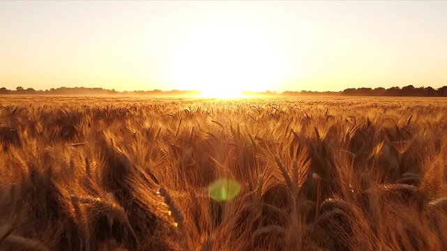 Golden wheat field swaying gently in the breeze under a bright sunrise, showcasing the beauty of nature and agricultural landscapes in a serene rural setting