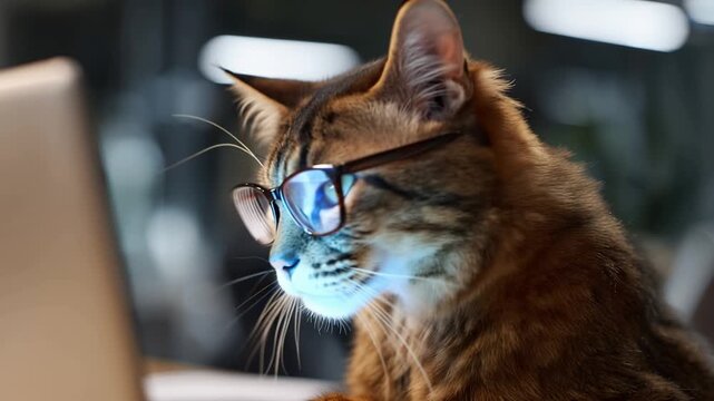 Brown tabby cat wears glasses, sits at laptop. Cat appears focused, ears perked, eyes intent on screen. Soft bokeh lights suggest modern office or home workspace. Cat's whiskers twitch