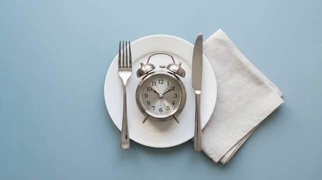 Top view of an alarm clock on a white plate with a fork and knife representing intermittent fasting and meal timing concepts on a blue background
