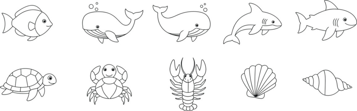 Cute marine animal outline icons collection with fish shells starfish crab