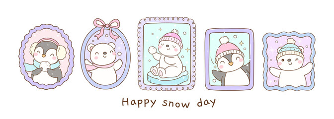 Draw vector happy arctic animals Pola bear Penguin in pastel frame Winter days seasonl Doodle cartoon illustration © anchalee