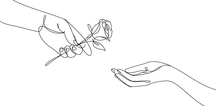 hand giving a rose to another hand continuous line drawing