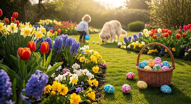 Child and golden retriever play in a garden with easter eggs and flowers