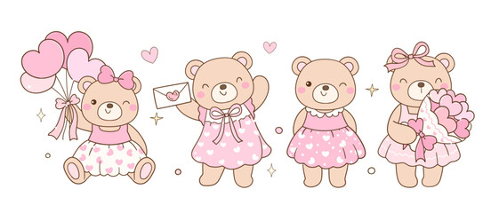 Fototapeta premium Hand draw girly teddy bear valentine with little heart Love pink pastel For romantic graphics Cards Sweet decorative Doodle illustration