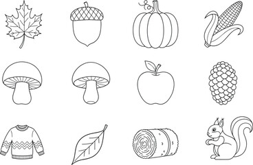 Autumn fall nature line art icons set with leaves acorn pumpkin tree © Milon Store