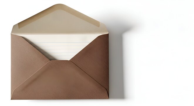 Open brown envelope with blank paper inside, isolated on white background